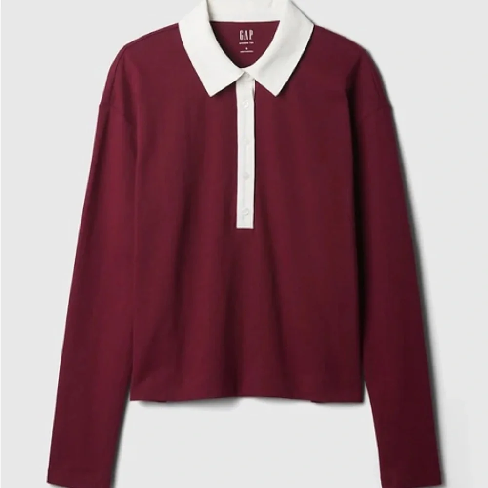 GAP Burgundy Cropped Rugby Polo Shirt White Collar Preppy Fall Top Small - Picture 1 of 9